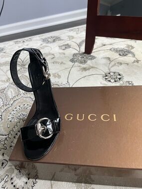 Gucci Black Patent Leather Ankle-Strap Heel with Silver Hardware